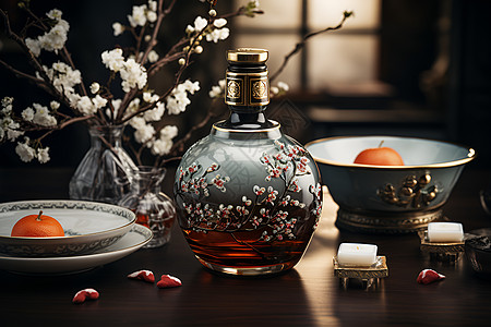 传统花纹边框美丽的酒瓶背景