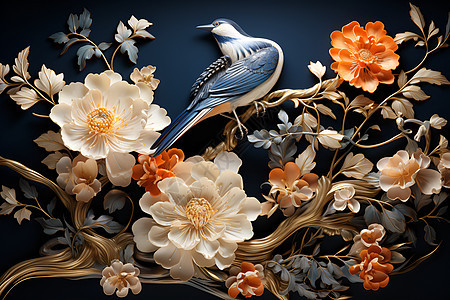 蓝鸟栖息在花枝上图片