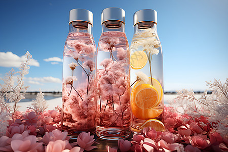 瓶子中的花和柠檬图片
