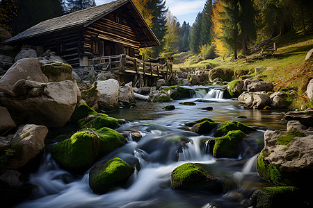 森林流水山林小屋背景