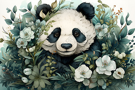 熊猫与花卉背景图片