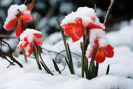 美丽的红花在雪中高清图片