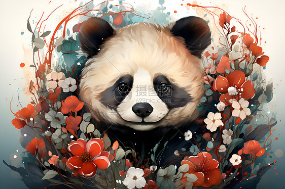 可爱的熊猫边框和花环图片
