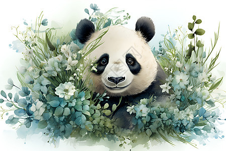 花束前可爱的熊猫绘画图片