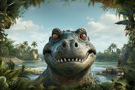 河面里面的恐龙绘画背景图片