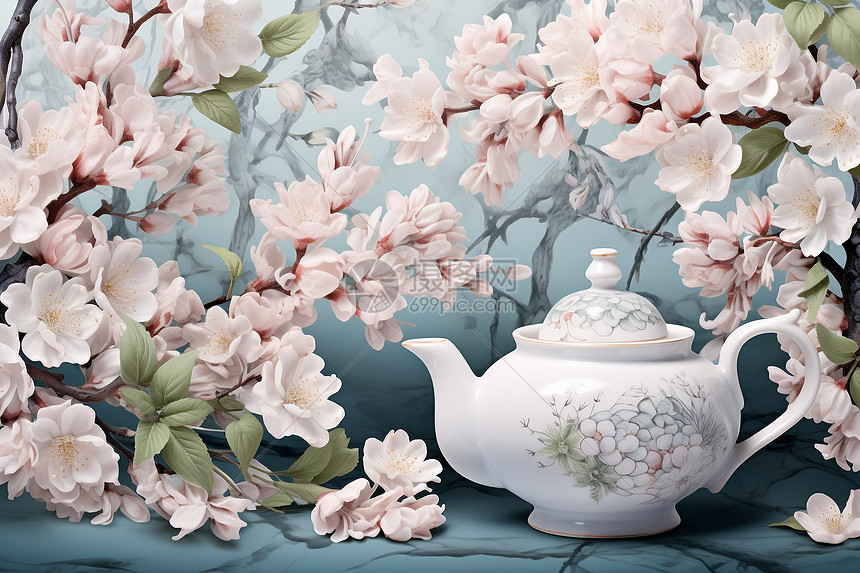花朵印花的茶壶图片