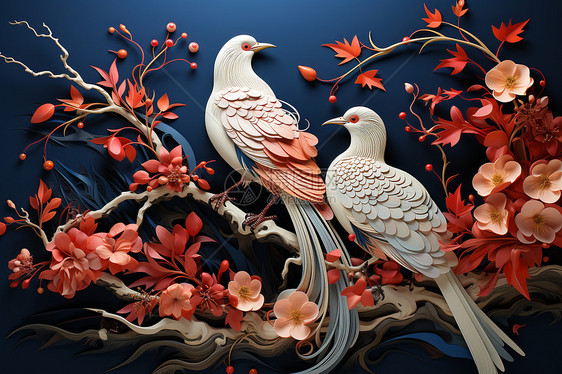 花朵树枝上刺绣的小鸟图片
