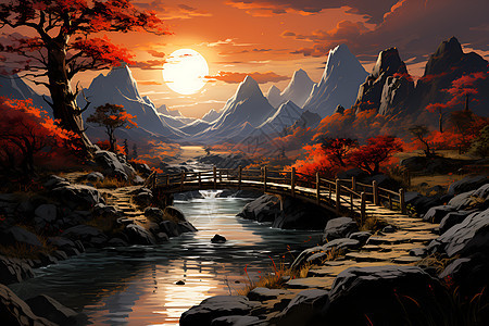 夕阳下的山涧奇景背景图片