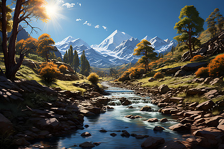 山涧阳光照耀下的自然美景图片