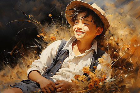 金黄稻田上的男孩图片