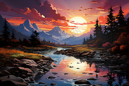 高山溪流的夕阳美景图片