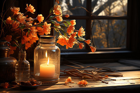 木桌上的蜡烛和花束图片