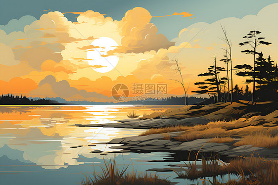 白露轻风湖边夕阳图片