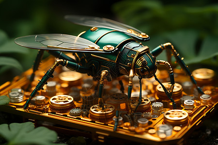 电子元件上的机械甲虫背景图片