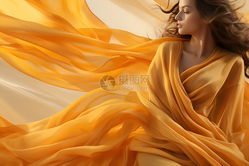 黄色丝绸围绕的美女图片