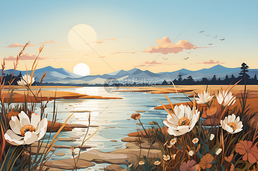 湖畔夕阳下的美丽画卷图片