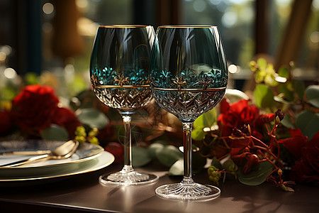 餐桌上精美的玻璃杯图片