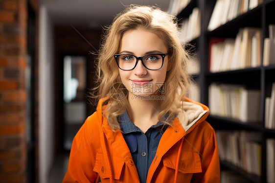 眼镜女子在图书馆里图片