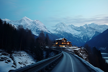 雪山下的村庄公路图片