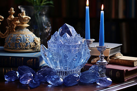 蓝色蜡烛和蓝色水晶.图片