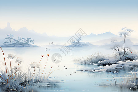 白露时节里山河映雪背景图片