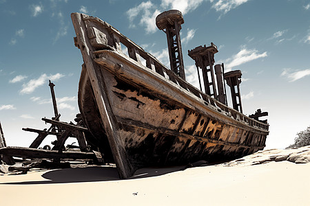 沙滩上腐败的船只残骸图片