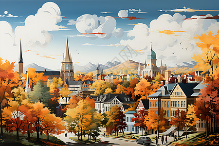 秋色小城的美景背景图片