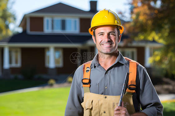建筑工人站在房子前图片