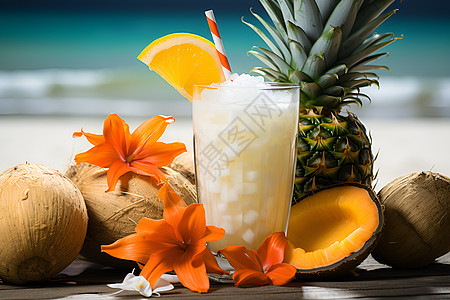 菠萝和椰子海滩上的热带水果和饮料背景