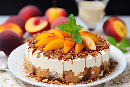 餐盘中的桃子慕斯蛋糕图片