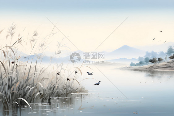 湖光山色鸟翅云烟的艺术插图图片