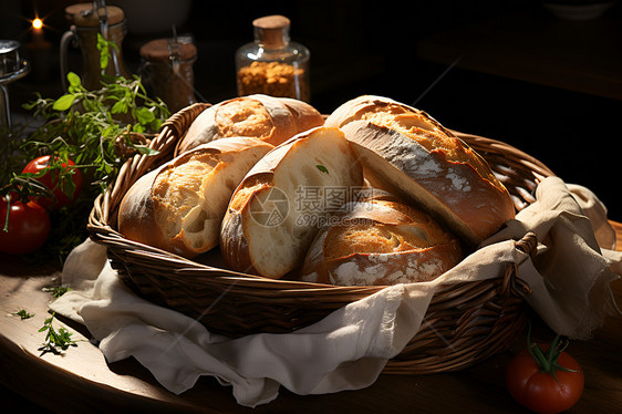 篮筐中的小麦面包图片