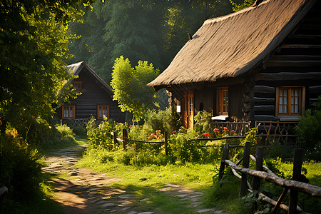 林中小屋的美丽景观背景