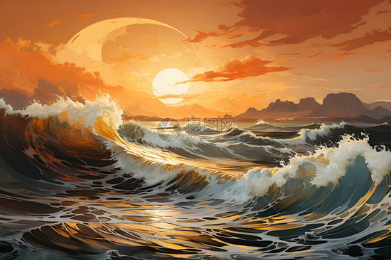 黄昏时波涛汹涌的海洋图片