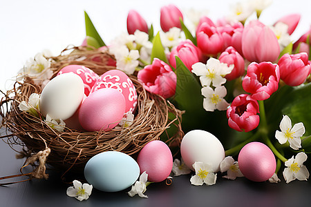 精美的复活节彩蛋和花朵图片
