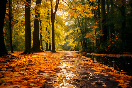 秋季森林小径的美丽景观背景图片