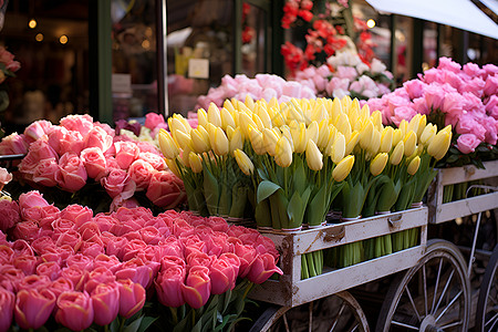 花店门前的花车图片