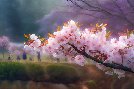 春季樱花盛开的油画插图背景图片