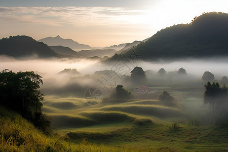 清晨山间迷雾中的乡村风光图片