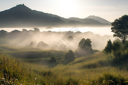 田园晨雾的美丽景观图片