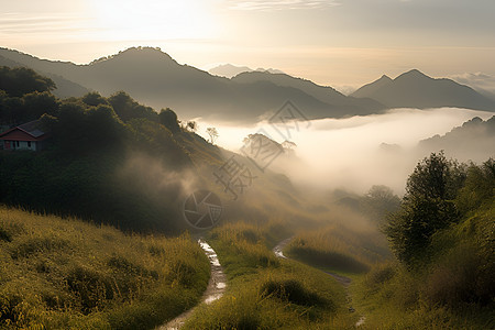 日出迷雾笼罩的山间景观图片