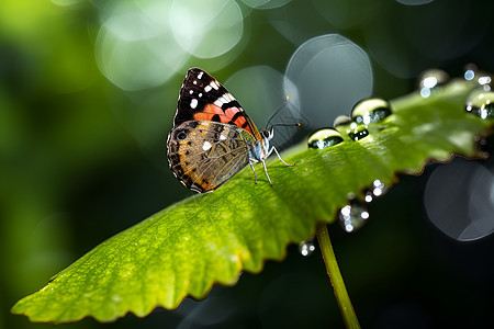 绿叶上的水滴和蝴蝶背景图片