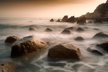 海边夕阳下的石滩图片