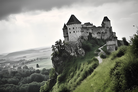山顶的城堡建筑背景图片