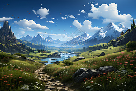 山脉中的草原湖泊背景图片