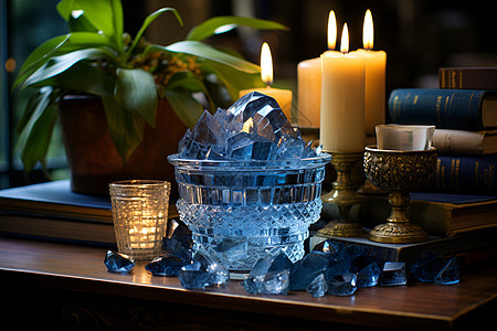 蜡烛旁玻璃瓶里的水晶图片