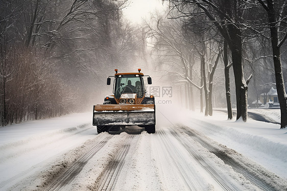 铲雪车驶过林间道路图片