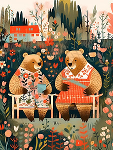 两只小熊坐在花树间图片