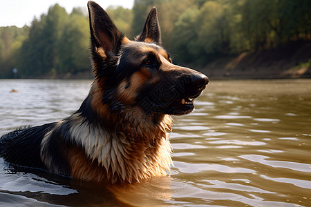 湖中游泳的狗狗图片