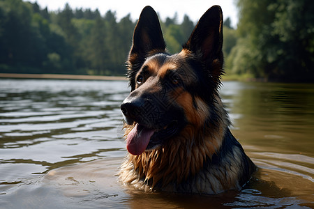游泳的狗湖中游泳的牧羊犬背景